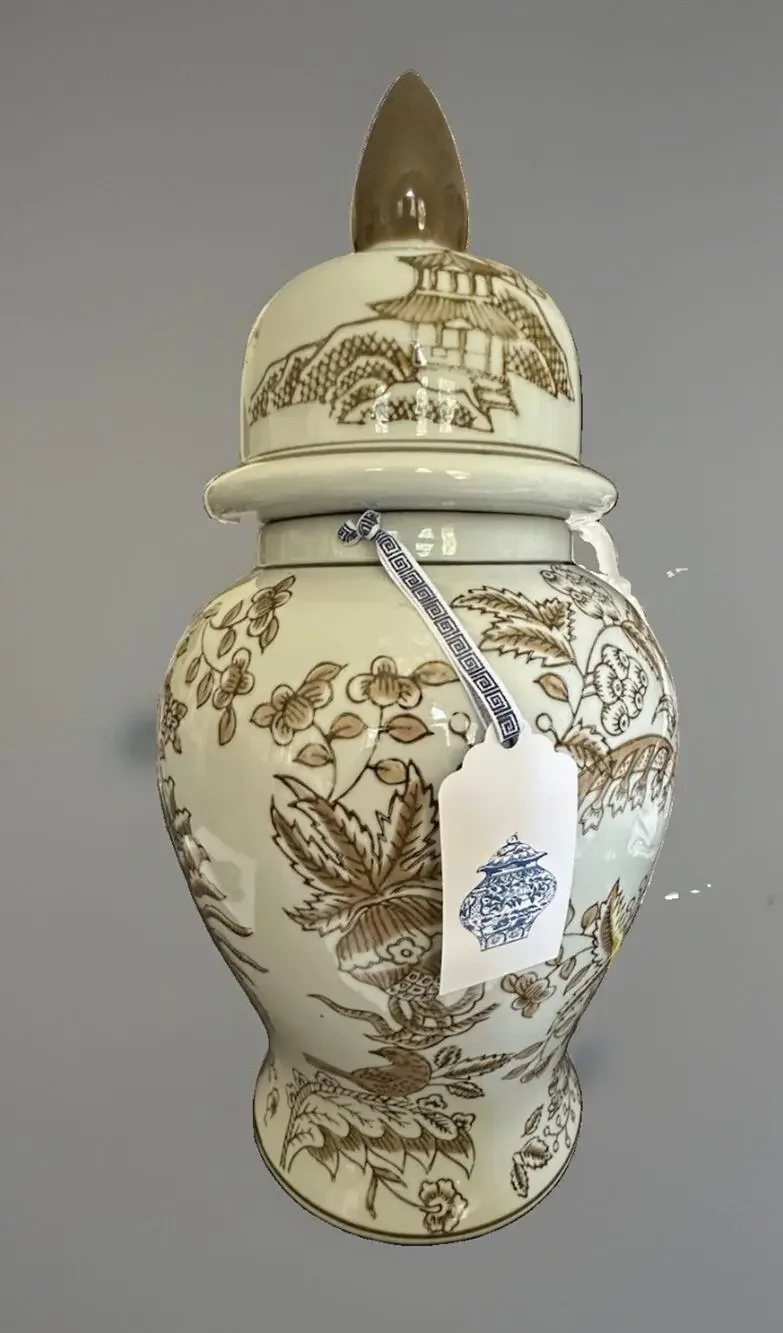 Galt International Brown Floral Parrot Ceramic Ginger Jar 14” Tall Vase Lid NWT
